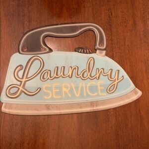 Iron Shaped Metal Decorative Sign "Laundry Service " Retro Look Blue Black